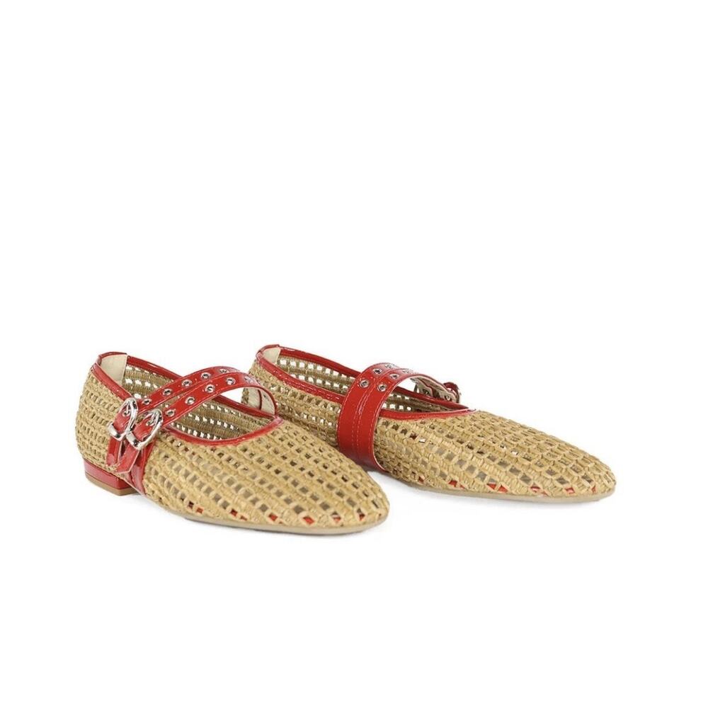 Cristina Millotti Chloe Noce Raffia Red Ballet Flats Leather Pancake Heel Sz 38